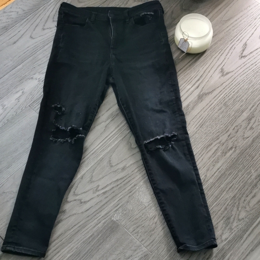 American Eagle Next level stretch black high rise ripped jeans. Size 10 short